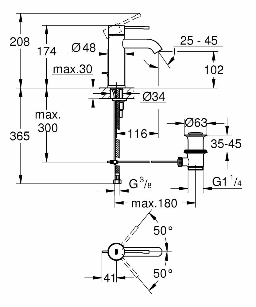 Datablad Grohe Essence håndvaskarmatur m/løft op ventil, S-size